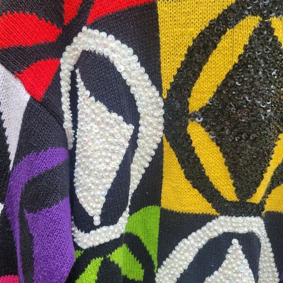 IB Diffusion Vtg '91 Black Neon Color Sequins GeoDesigns Sweater Womens Size S - Picture 2 of 8